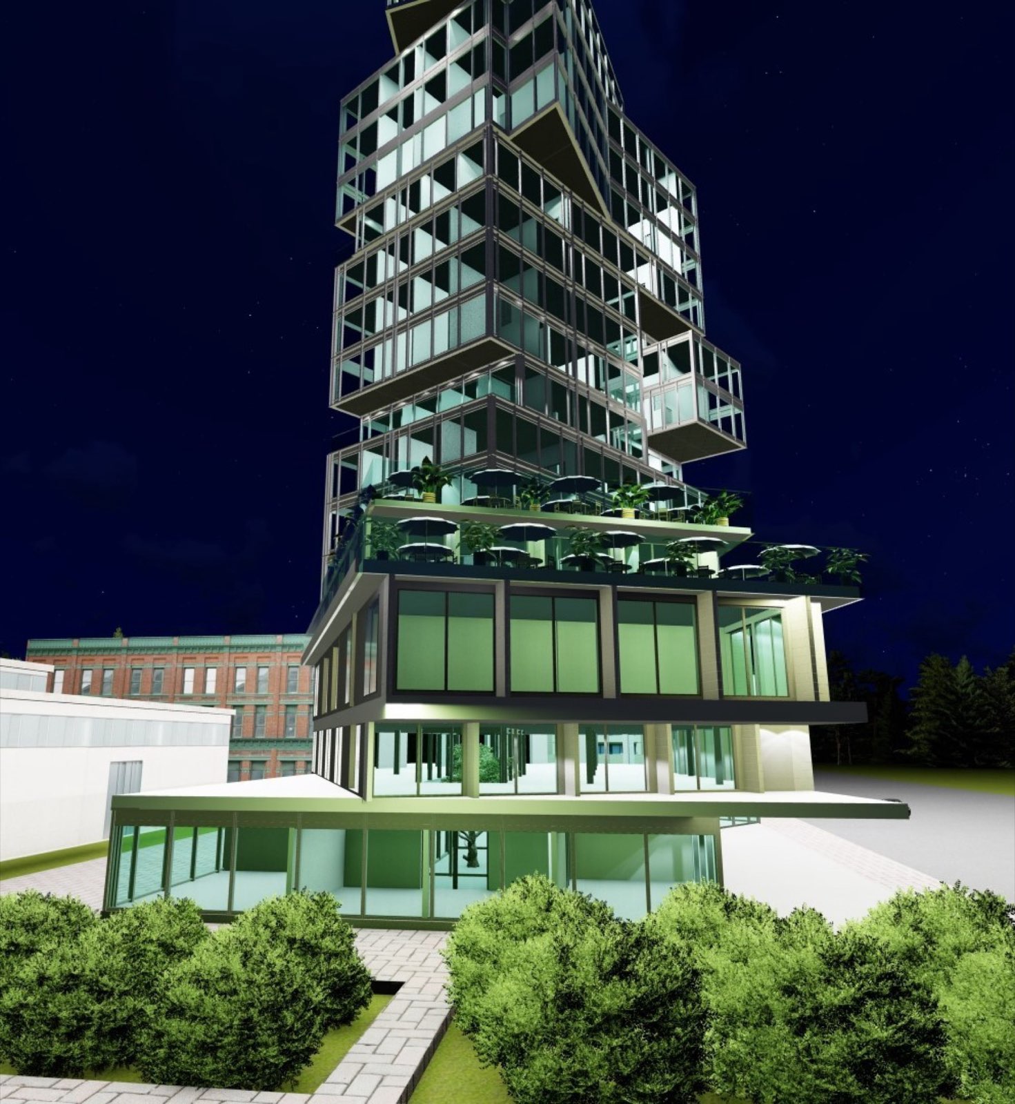 Modern administrative tower building with glass facade in urban setting