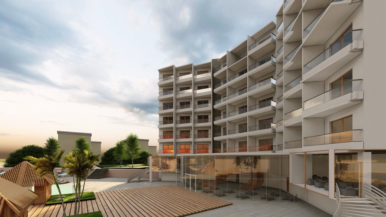 Modern luxury resort building with glass facade